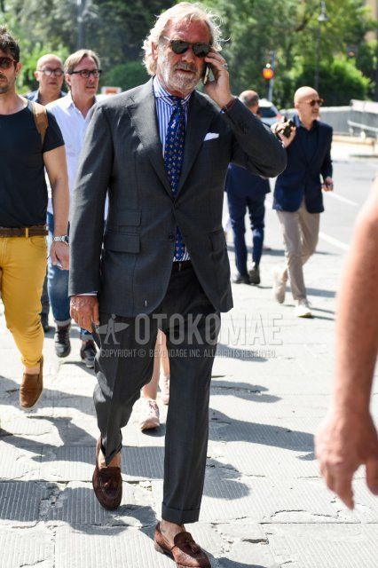 Men's spring, summer, and fall coordination and outfit with black and brown tortoiseshell sunglasses, blue and white striped shirt, plain black leather belt, brown tassel loafer leather shoes, plain dark gray suit, and blue tie tie.