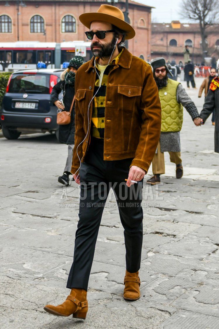 Winter men's coordinate and outfit with plain brown hat, plain brown leather jacket (except rider's), yellow checked shirt, dark gray plain slacks, and brown boots.