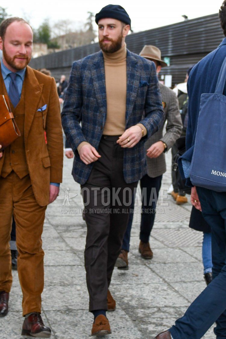 Winter men's coordinate and outfit with plain navy knit cap, navy check tailored jacket, plain brown turtleneck knit, plain brown slacks, plain navy socks, and brown tassel loafer leather shoes.