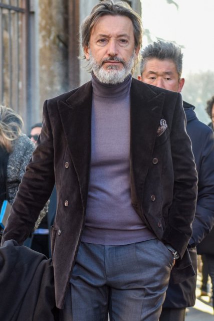 Men's fall/winter coordinate and outfit with plain brown tailored jacket, plain gray turtleneck knit, plain gray slacks, plain gray ankle pants, and suede brown loafer leather shoes.
