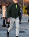 Men's fall/winter outfit with solid black glasses, solid olive green swing top, solid yellow sweater, solid beige chinos, solid navy socks, and black plain toe leather shoes.