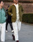 Men's fall/winter outfit with plain black sunglasses, plain olive green outerwear, plain white sweater, plain white cotton pants, plain red socks, and brown leather shoes.