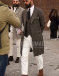 Men's fall/winter outfit with plain gold sunglasses, gray checked chester coat, gray checked gilet, plain white shirt, plain white cotton pants, plain white ankle pants, suede brown chukka boots, and plain black tie.
