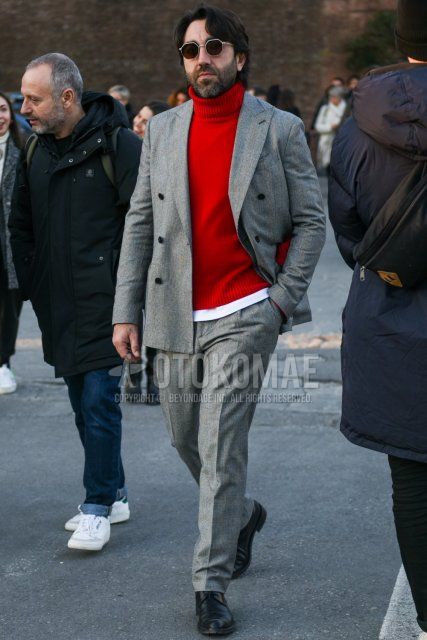Men's spring and fall coordinate and outfit with plain silver sunglasses, plain red turtleneck knit, black plain toe leather shoes, and gray checked suit.