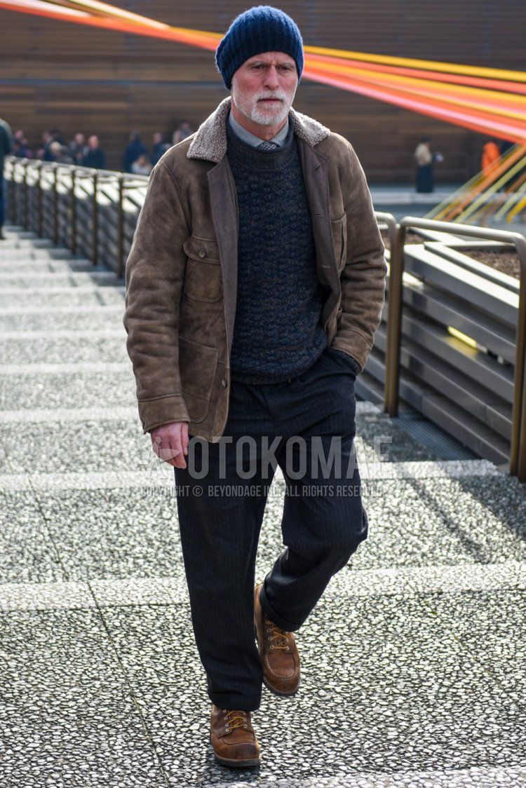 Men's fall/winter outfit and outfit with plain navy knit cap, plain brown leather jacket (not riders), plain gray sweater, gray striped shirt, gray striped slacks, brown boots, and gray tie tie.