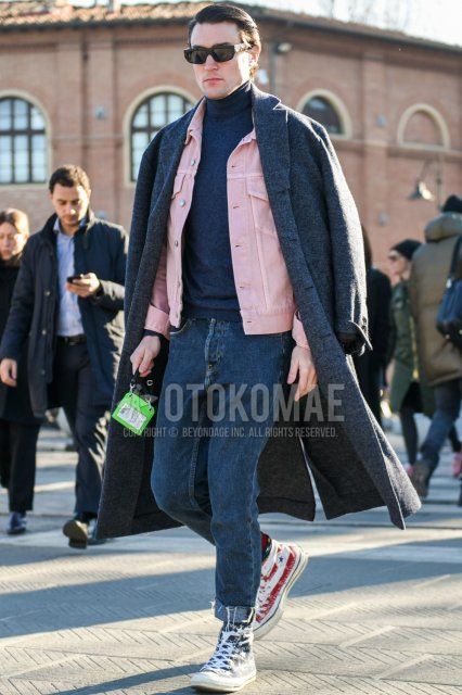 Men's fall/winter coordinate and outfit with solid black sunglasses, solid gray chester coat, solid pink denim jacket, solid gray turtleneck knit, solid navy denim/jeans, and navy/red high-cut sneakers.