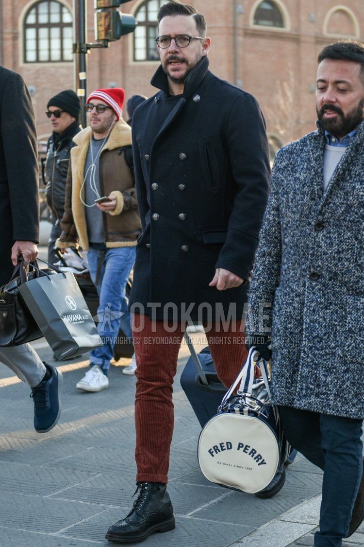 Men's fall/winter coordinate/outfit with plain black glasses, plain black P-coat, plain brown winter pants (corduroy,velour), and black boots.