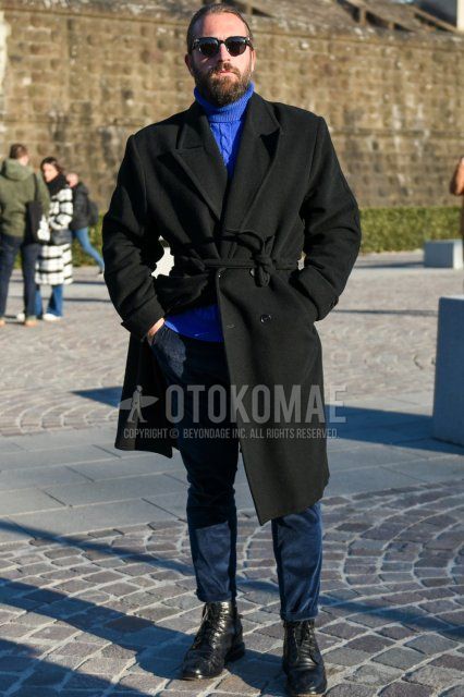 Men's fall/winter coordinate and outfit with plain black sunglasses, plain black chester coat, plain black belted coat, plain blue turtleneck knit, plain navy winter pants (corduroy, velour), and black boots from Boston.