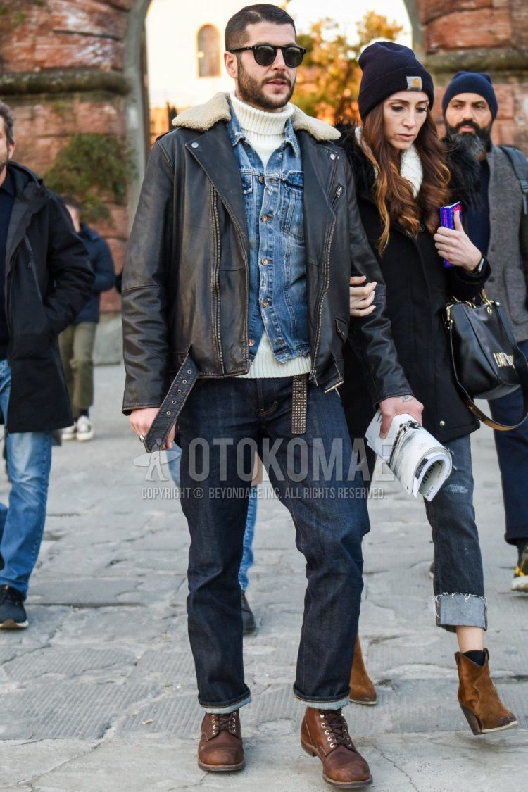 Men's fall/winter coordinate and outfit with plain black sunglasses, plain black rider's jacket, plain blue denim jacket, plain white turtleneck knit, plain navy denim/jeans, and brown work boots from Boston.