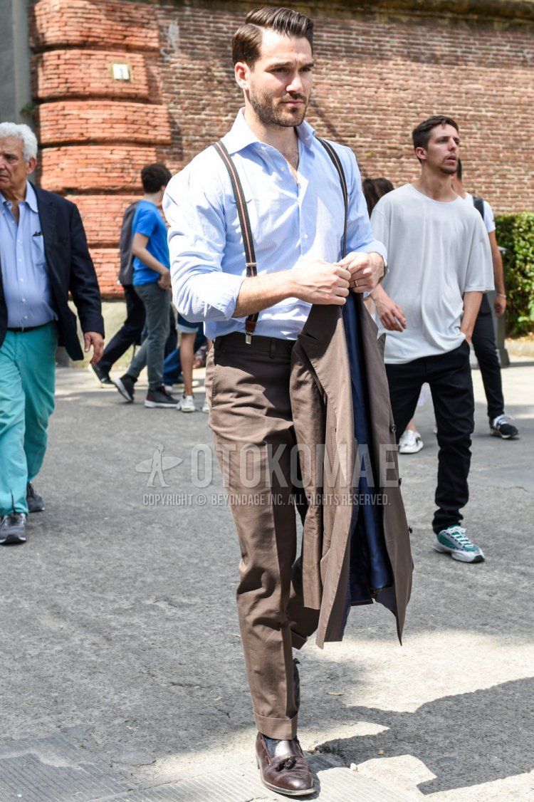 Men's spring, summer, and fall coordinate and outfit with plain white shirt, brown striped suspenders, plain brown cotton pants, and brown tassel loafer leather shoes.