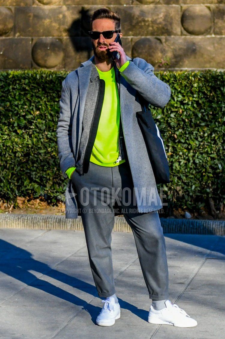 Ray-Ban Wayfarer Wellington plain black sunglasses, plain gray chester coat, plain gray swing top with glen check, plain yellow sweatshirt, plain gray slacks, plain gray socks, white low cut sneakers, black graphic tote bag with the following men's fall/winter outfits and outfits.