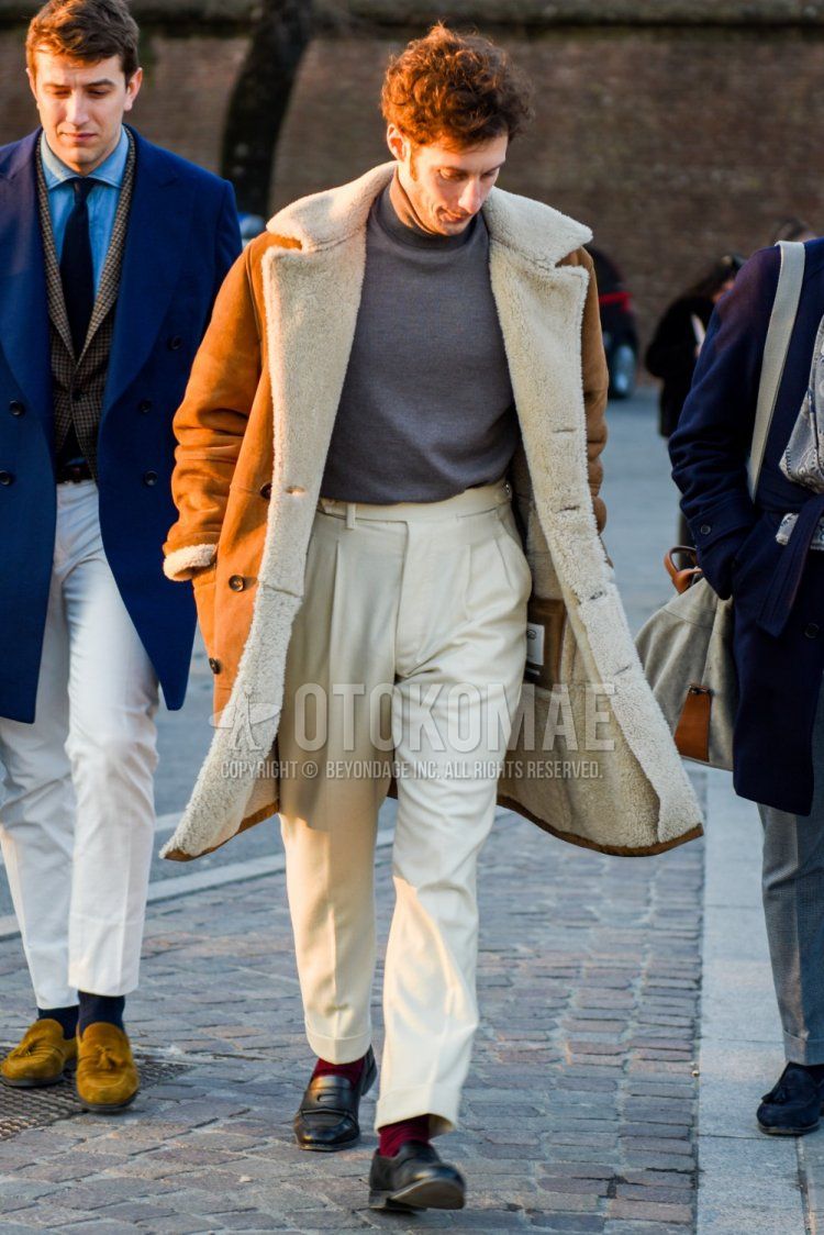 Men's fall/winter outfit with plain brown leather jacket (not riders), plain brown chester coat, plain white beltless pants, plain white pleated pants, plain white cropped pants, plain red socks, and brown coin loafer leather shoes.