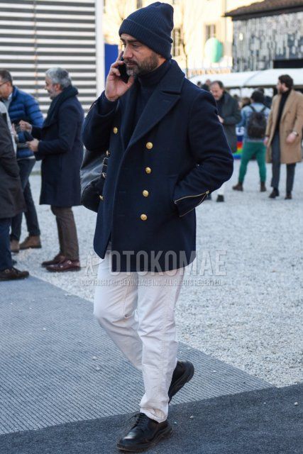 Men's fall/winter outfit with plain navy knit cap, plain navy P-coat, plain navy turtleneck knit, plain white cotton pants, and black plain toe leather shoes.