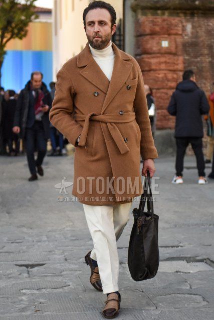 Solid beige belted coat, solid beige Ulster coat, solid white turtleneck knit, solid white slacks, solid white ankle pants, solid navy socks, solid beige monk shoe leather shoes, solid brown briefcase/handbag for fall/winter Men's Codes and Outfits.