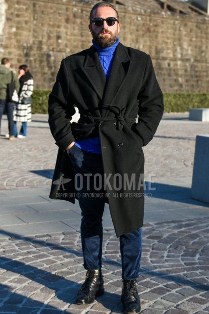 Men's fall/winter coordinate and outfit with plain black sunglasses, plain black chester coat, plain black belted coat, plain blue turtleneck knit, plain navy winter pants (corduroy,velour), and black boots.