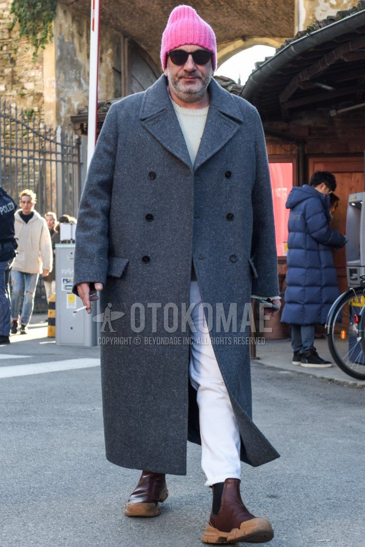 Men's fall/winter outfit and outfit with plain pink knit cap, plain black Boston sunglasses, plain gray trench coat, plain white sweater, plain white cotton pants, and brown side gore boots.
