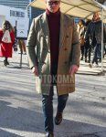 Men's spring/autumn coordinate and outfit with plain black sunglasses, gray checked chester coat, plain red turtleneck knit, plain blue denim/jeans, plain black socks, and brown monk shoe leather shoes.