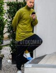 Winter men's coordinate and outfit with olive green solid color turtleneck knit, black solid color easy pants, black solid color jogger pants/ribbed pants, yellow solid color socks, and white/light blue low-cut sneakers.