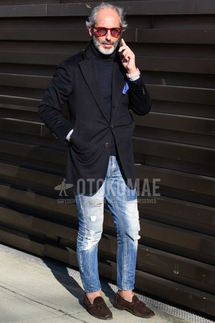 Spring and fall men's coordinate and outfit with Boston red solid sunglasses, black solid tailored jacket, black solid turtleneck knit, blue solid damaged jeans, blue solid ankle pants, and suede brown tassel loafer leather shoes.