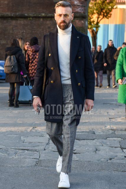 Men's fall/winter coordinate and outfit with plain silver sunglasses, plain navy chester coat, plain white turtleneck knit, gray checked slacks, gray checked ankle pants, and white low-cut sneakers.