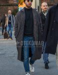 Men's fall/winter coordinate/outfit with solid black knit cap, solid silver sunglasses, gray checked stainless steel stainless steel coat, dark gray solid turtleneck knit, solid blue denim/jeans, solid black socks, and white low-cut sneakers.