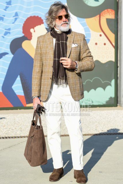Clear plain sunglasses, brown checked scarf/stall, beige checked tailored jacket, plain white turtleneck knit, plain white cotton pants, suede brown plain toe leather shoes, plain brown briefcase/handbag for spring/fall Men's Codes and Outfits.