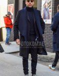 Men's fall/winter outfit and outfit with brown tortoiseshell sunglasses, dark gray solid outerwear, dark gray solid turtleneck knit, black high-cut Converse All Star sneakers, and dark gray check suit.