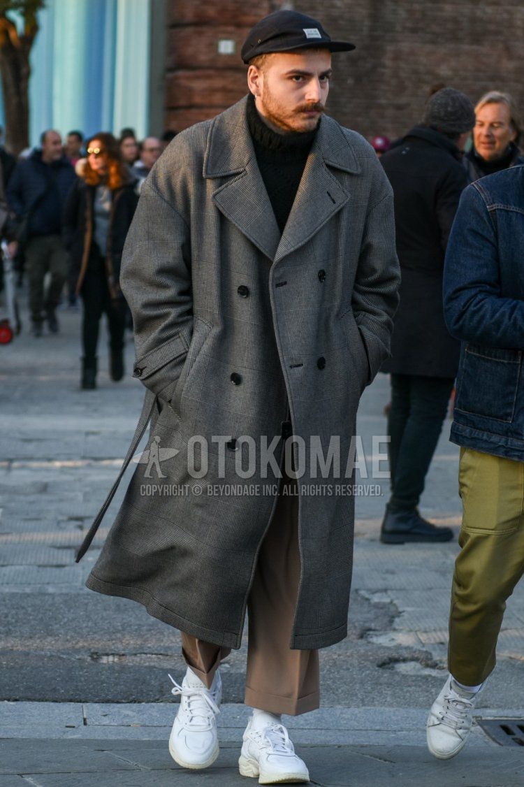Men's fall/winter coordinate and outfit with black one-point jet cap, gray checked trench coat, solid black turtleneck knit, solid beige slacks, solid beige wide leg pants, solid beige ankle pants, solid white socks, and white low-cut sneakers ...