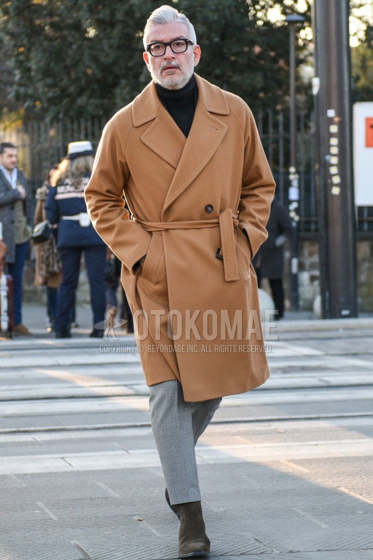 Men's fall/winter coordinate and outfit with Tom Ford plain black glasses, plain brown belted coat, plain black turtleneck knit, and gray checked slacks.