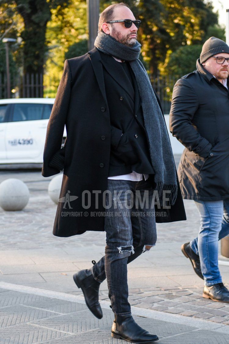 Men's fall/winter coordinate/outfit with plain black sunglasses, plain gray scarf/stall, plain black chester coat, plain black tailored jacket, plain white shirt, plain black denim/jeans, plain black damaged jeans, and black side gore boots.