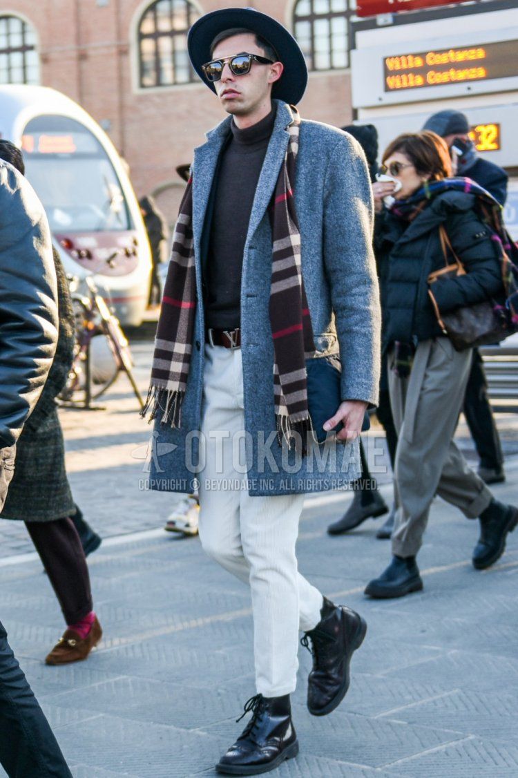 Solid black hat, solid black sunglasses, brown checked scarf/stall, solid gray chester coat, dark gray solid turtleneck knit, Louis Vuitton solid brown leather belt, solid white winter pants (corduroy, velour), solid white cropped pants, black Men's fall/winter coordinate and outfit with boots.