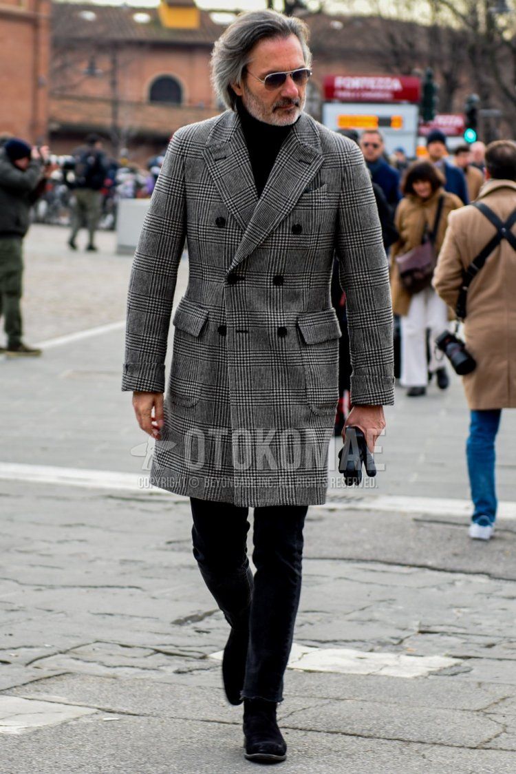 Men's fall/winter coordinate and outfit with teardrop plain silver sunglasses, glen check gray check chester coat, plain black turtleneck knit, dark gray plain denim/jeans, and suede black side gore boots.