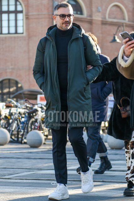 Men's winter coordinate and outfit with plain black Ray-Ban Boston glasses, plain gray hooded coat, plain gray down jacket, plain gray turtleneck knit, plain gray slacks, plain gray ankle pants, plain black socks, and white low-cut sneakers.