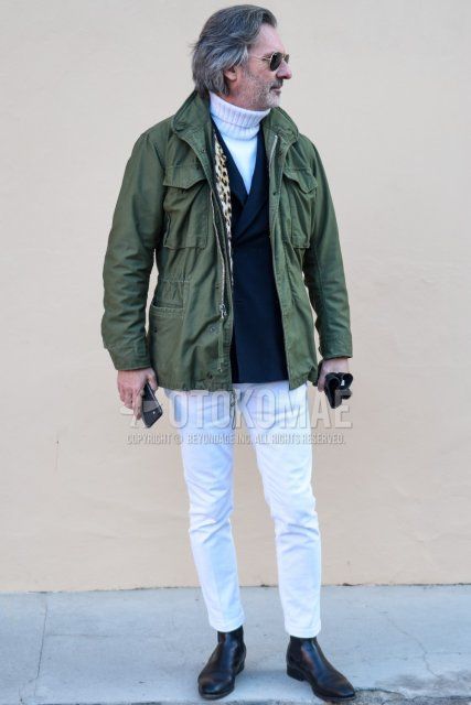 Men's fall/winter coordinate and outfit with plain olive green M-65, plain navy tailored jacket, plain white turtleneck knit, plain white cotton pants, plain white ankle pants, and black side gore boots.