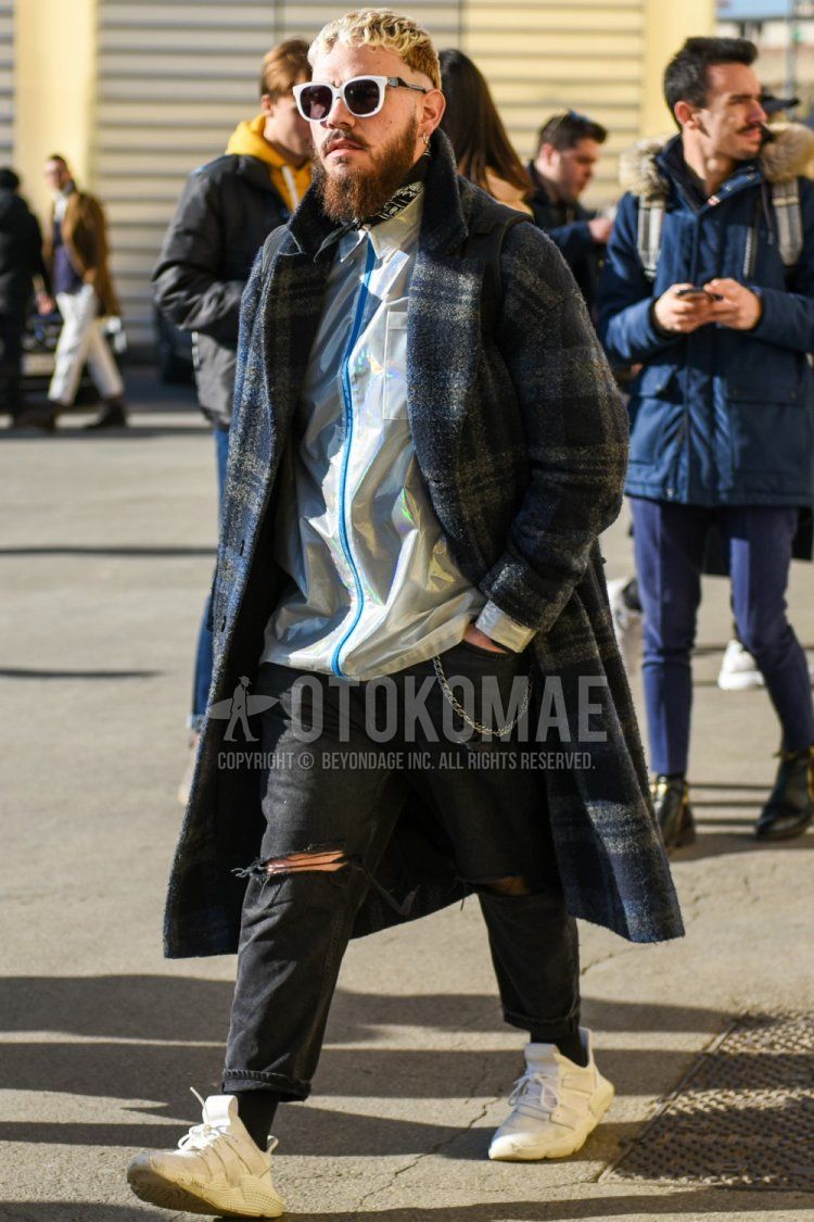 Men's fall/winter outfit with plain white sunglasses, black paisley bandana/neckerchief, gray/dark gray check chester coat, plain clear shirt, plain dark gray denim/jeans, plain black socks, and white low-cut Adidas sneakers.