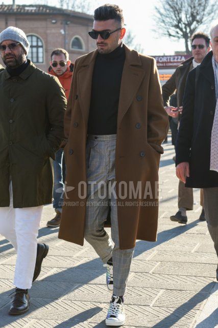 Solid black sunglasses, solid beige Ulster coat, solid black turtleneck knit, gray checked pleated pants, gray checked beltless pants, gray checked ankle pants, gray checked slacks, solid black socks, multi-colored low cut sneakers with the following men's fall/winter outfits and outfits.