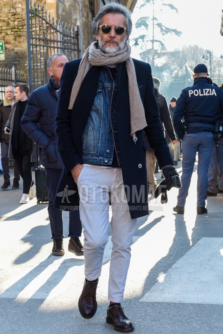 Clear solid sunglasses, solid beige scarf/stall, solid navy chester coat, solid blue denim jacket, solid white cotton pants, solid white cropped pants, red navy striped socks, brown wingtip leather shoes, brown brogue shoes Men's fall/winter outfits and outfits with leather shoes in the following colors.