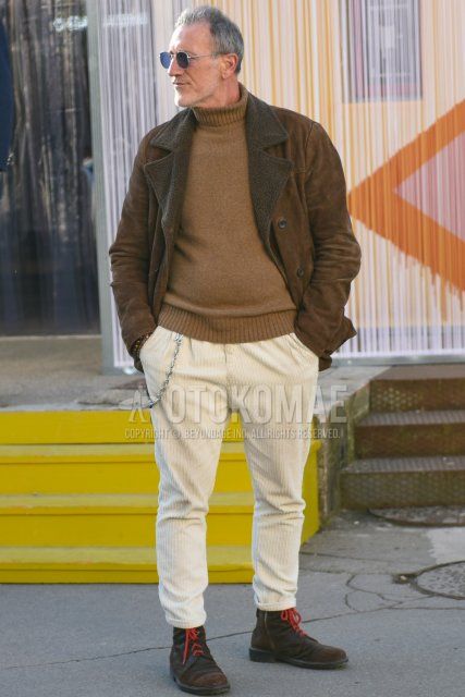 Men's fall/winter coordinate and outfit with plain silver sunglasses, plain brown leather jacket (except rider's), plain beige turtleneck knit, plain white winter pants (corduroy,velour), and brown boots.