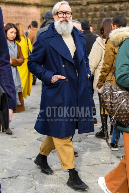 Winter men's coordinate and outfit with plain glasses, plain navy Ulster coat, plain black tailored jacket, plain white turtleneck knit, plain beige chinos, black dot socks, and black side gore boots.