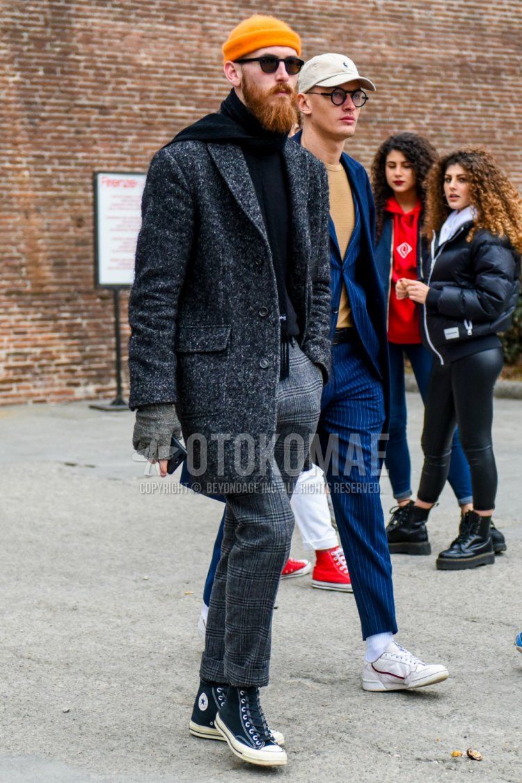Solid orange knit cap, solid black sunglasses from Boston, solid black scarf/stall, grey outer chester coat, solid black sweatshirt, grey checked slacks with glen check, black high cut Converse All Star sneakers for fall/winter. Men's Codes and Outfits.