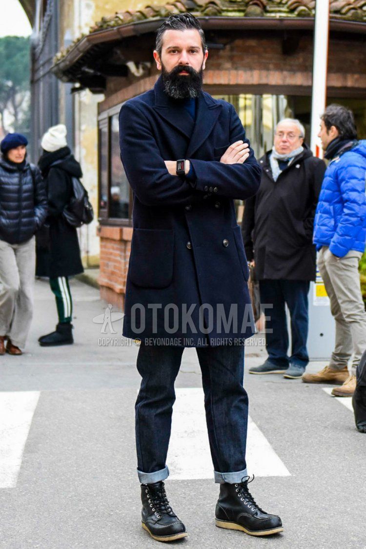 Men's fall/winter outfit with plain navy Ulster coat, plain navy turtleneck knit, plain navy denim/jeans, and Red Wing black work boots.