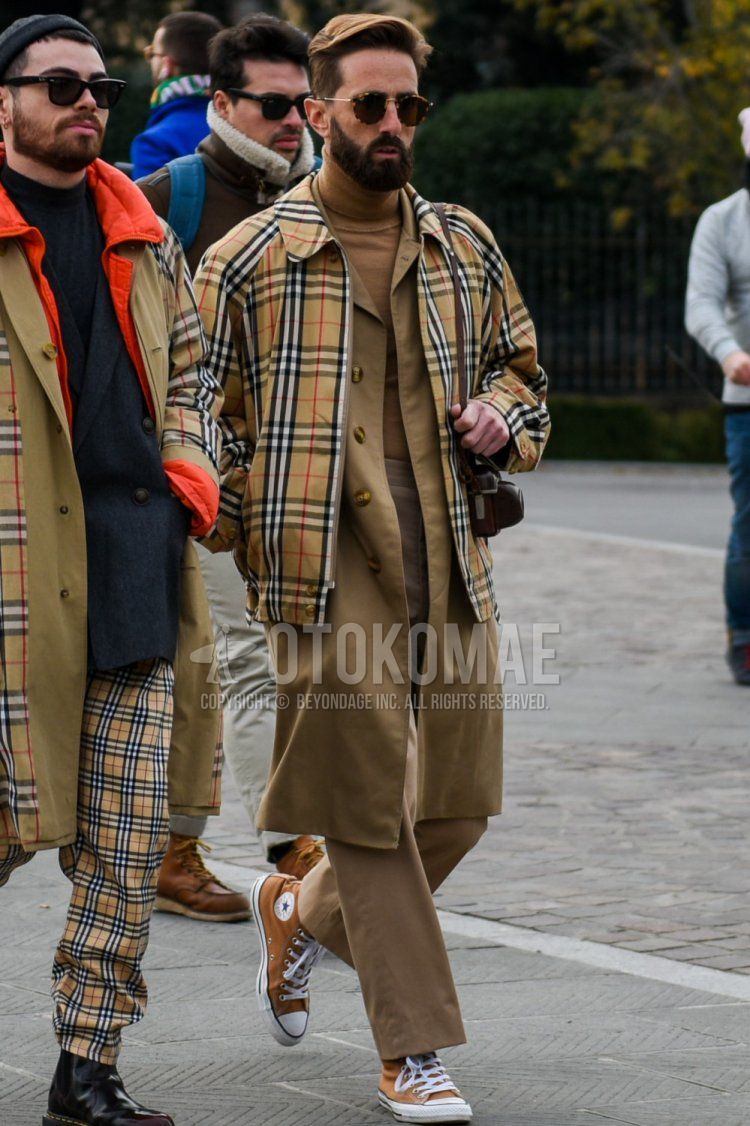 Ray-Ban brown tortoiseshell sunglasses, Burberry beige check coach jacket, solid beige stainless steel stainless steel coat, solid beige turtleneck knit, solid beige chinos, solid beige wide leg pants, Converse All Star brown high cut Men's fall/winter coordinate and outfit with sneakers.