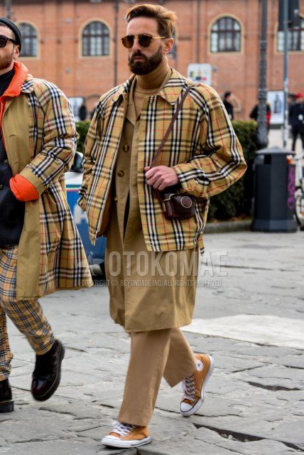 Men's fall/winter coordinate and outfit with brown tortoiseshell sunglasses, Burberry beige check outerwear, plain beige chester coat, plain beige turtleneck knit, plain beige chinos, and Converse All Star brown high-cut sneakers.