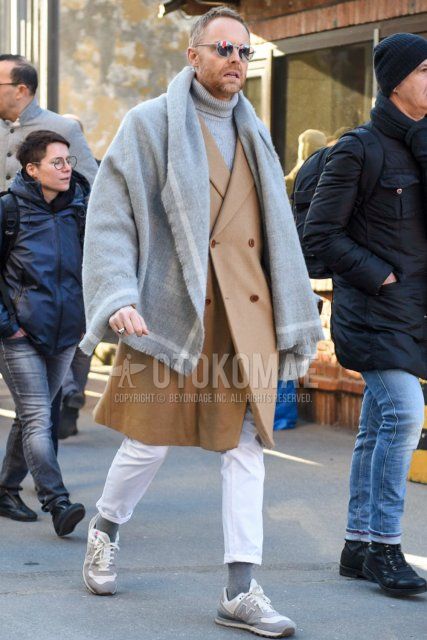 Men's fall/winter outfit with plain gray sunglasses, plain gray scarf/stall, plain beige chester coat, plain gray turtleneck knit, plain white cotton pants, plain gray socks, and New Balance gray/white low-cut sneakers.