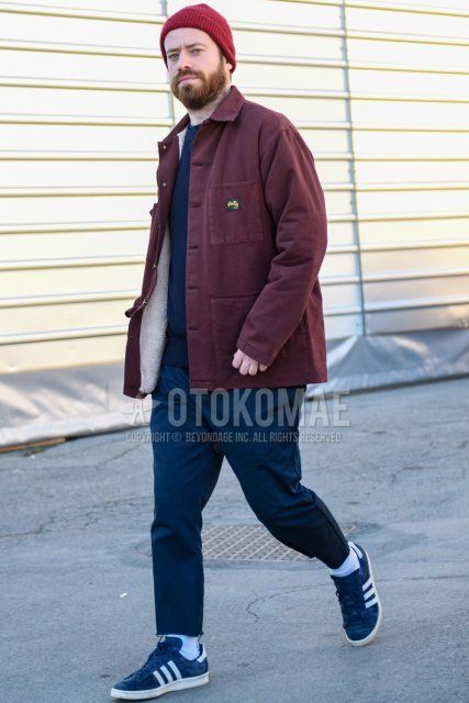 Men's fall/winter coordinate and outfit with red solid knit cap, red solid coveralls, dark gray solid sweatshirt, navy solid slacks, navy solid ankle pants, white solid socks, and adidas Campus navy low-cut sneakers.