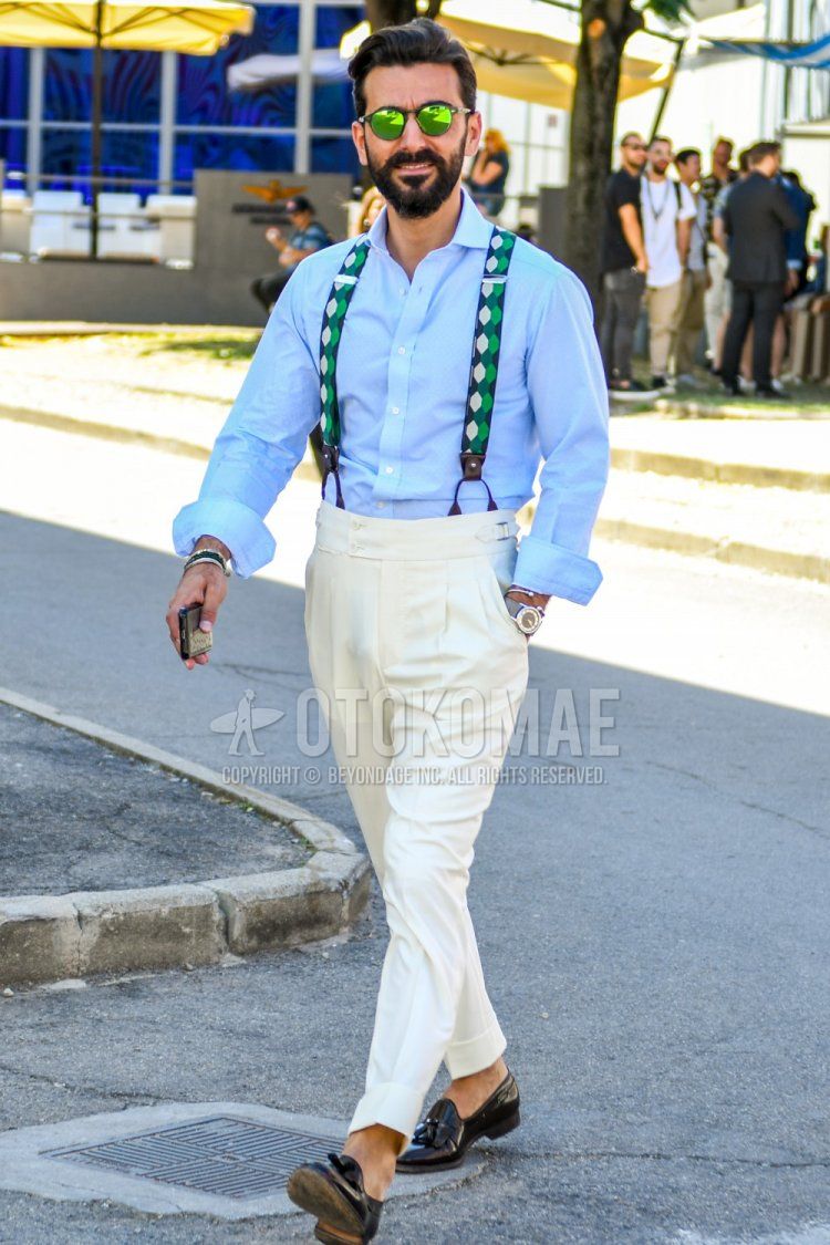 Men's spring, summer, and fall coordinate and outfit with plain black sunglasses, plain light blue shirt, green/navy belt suspenders, plain white beltless pants, and black tassel loafer leather shoes.