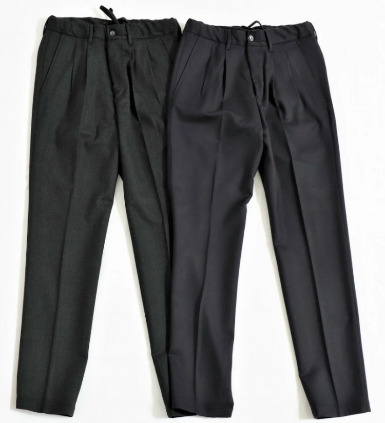 4) "VIGANO shirred waist, drawcord 2-pleat pants."