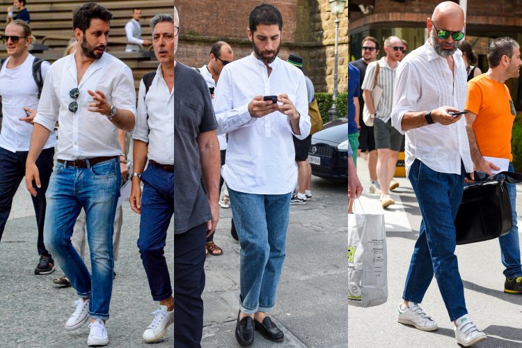 White shirt and jeans coordination tip 3: "Differentiate your styling with white shirts that are different from the standard shirts, such as band collars, pullovers, and oversized shirts.
