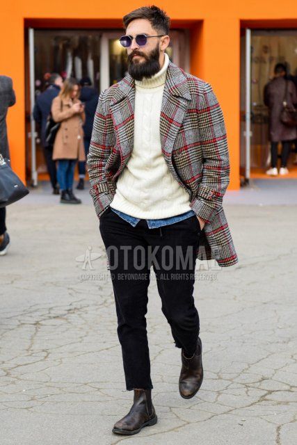 Silver solid sunglasses, multi-colored checked stainless steel collar coat, white solid turtleneck knit, blue solid denim/chambray shirt, black solid winter pants (corduroy, velour), black solid cropped pants, brown side gore boots for fall/winter. Men's Codes and Outfits.