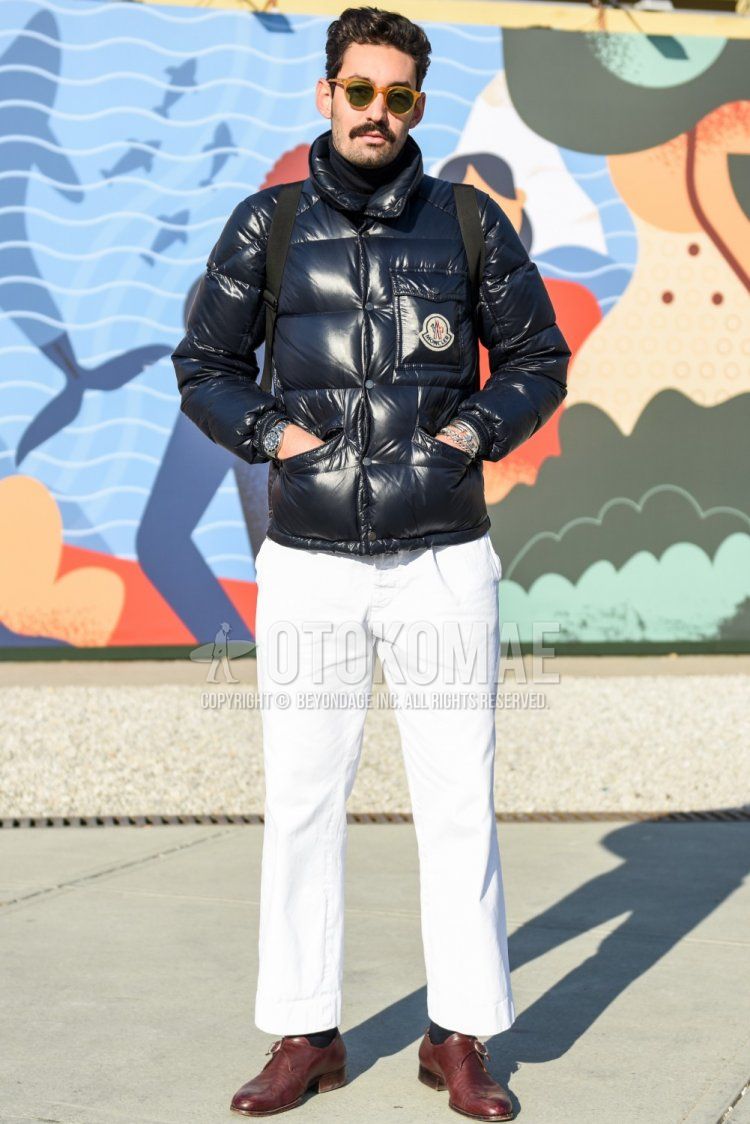 Men's fall/winter coordinate and outfit with solid beige sunglasses, solid navy down jacket, solid dark gray turtleneck knit, solid white cotton pants, solid white wide-leg pants, solid black socks, and brown monk shoe leather shoes.